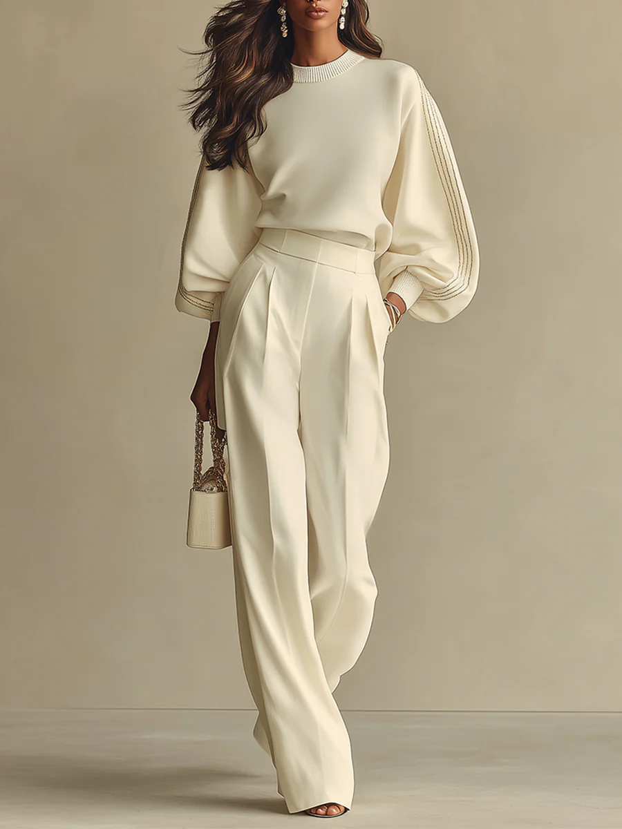 Ainslie | Women's Crew Neck Balloon Sleeve Pleated Wide Leg Two Piece Set