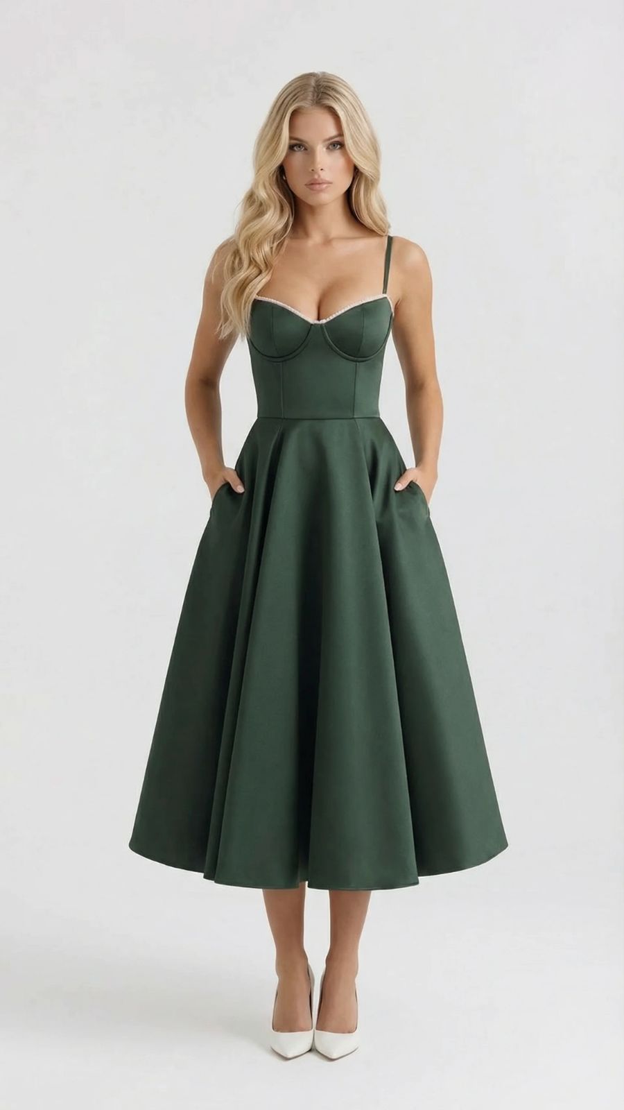 Amity | Women's Spaghetti Strap Bust Cups Flared Midi Dress