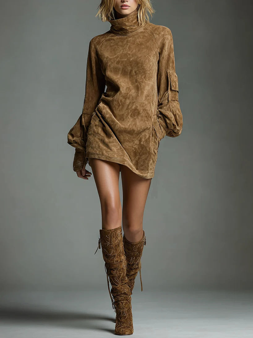 Annora | Women's Faux Suede High Neck Long Sleeve Utility Pocket Mini Dress