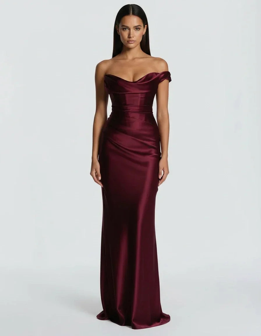 Anouk | Women's One Shoulder Draped Neck Ruched Front Satin Maxi Dress