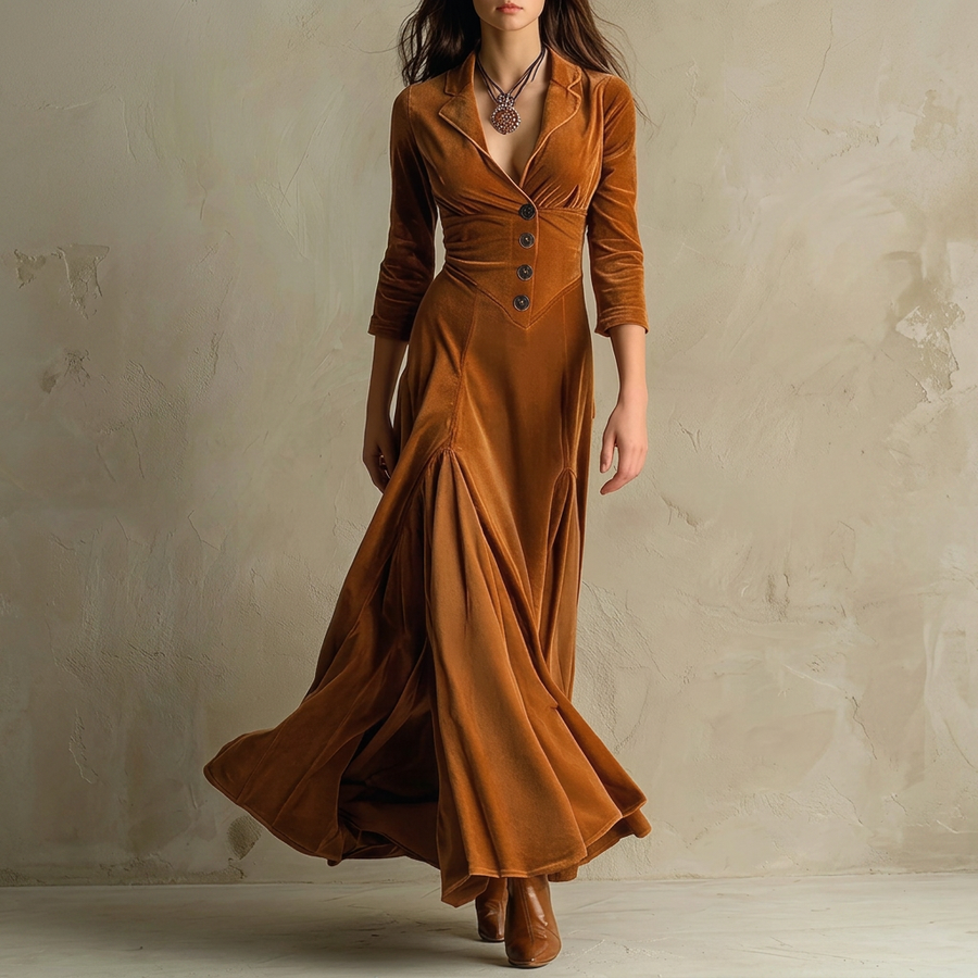 Anthea | Women's Vintage V Neck Button Front Maxi Dress