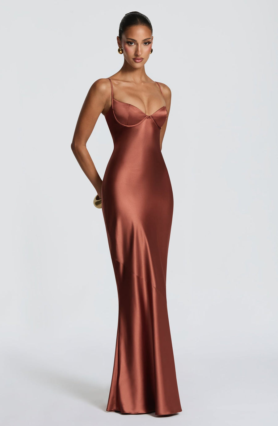 Aubriana | Women's Sweetheart Neck Spaghetti Strap Lace Up Back Satin Maxi Dress