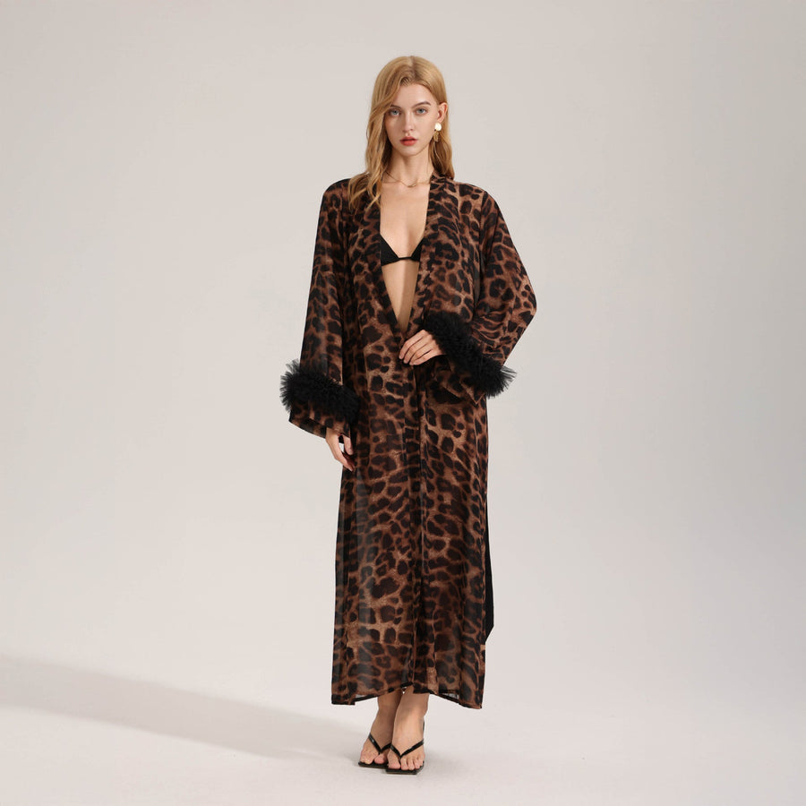Bruna | Women's Leopard Print Open Front Maxi Robe with Feather Cuffs