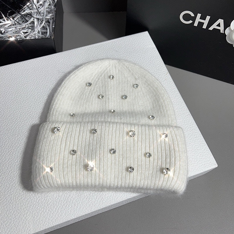 Candace | Women's Crystal Stud Ribbed Foldover Cuff Rhinestone Knit Beanie