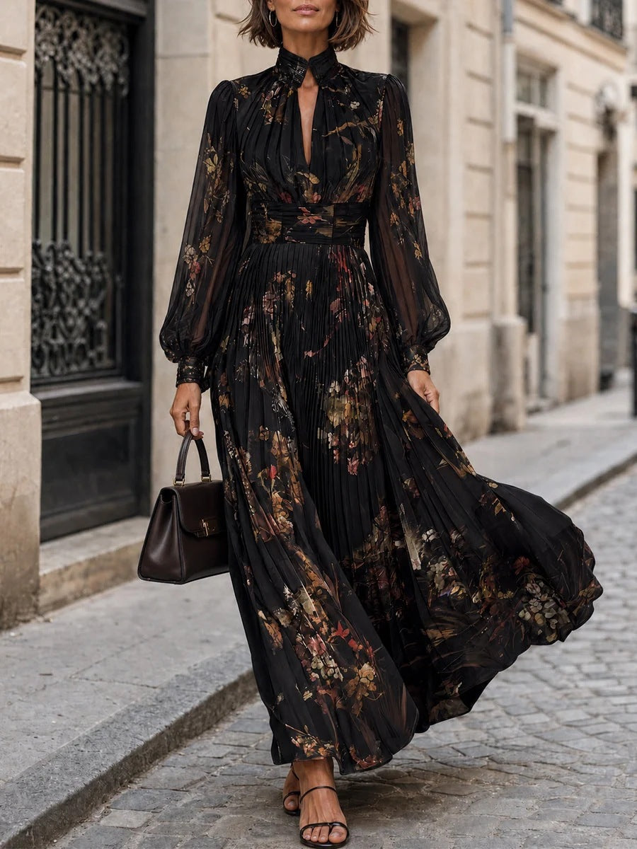 Dolores | Women's Floral Print High Neck Sheer Sleeve Pleated Maxi Dress