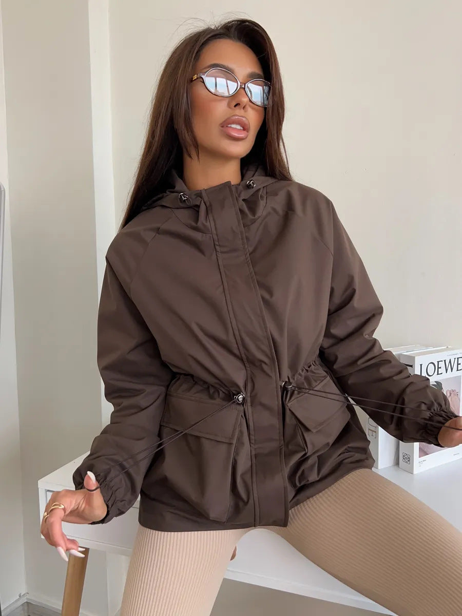 Eleni | Women's Hooded Drawstring Waist Long Sleeve Pocket Utility Jacket