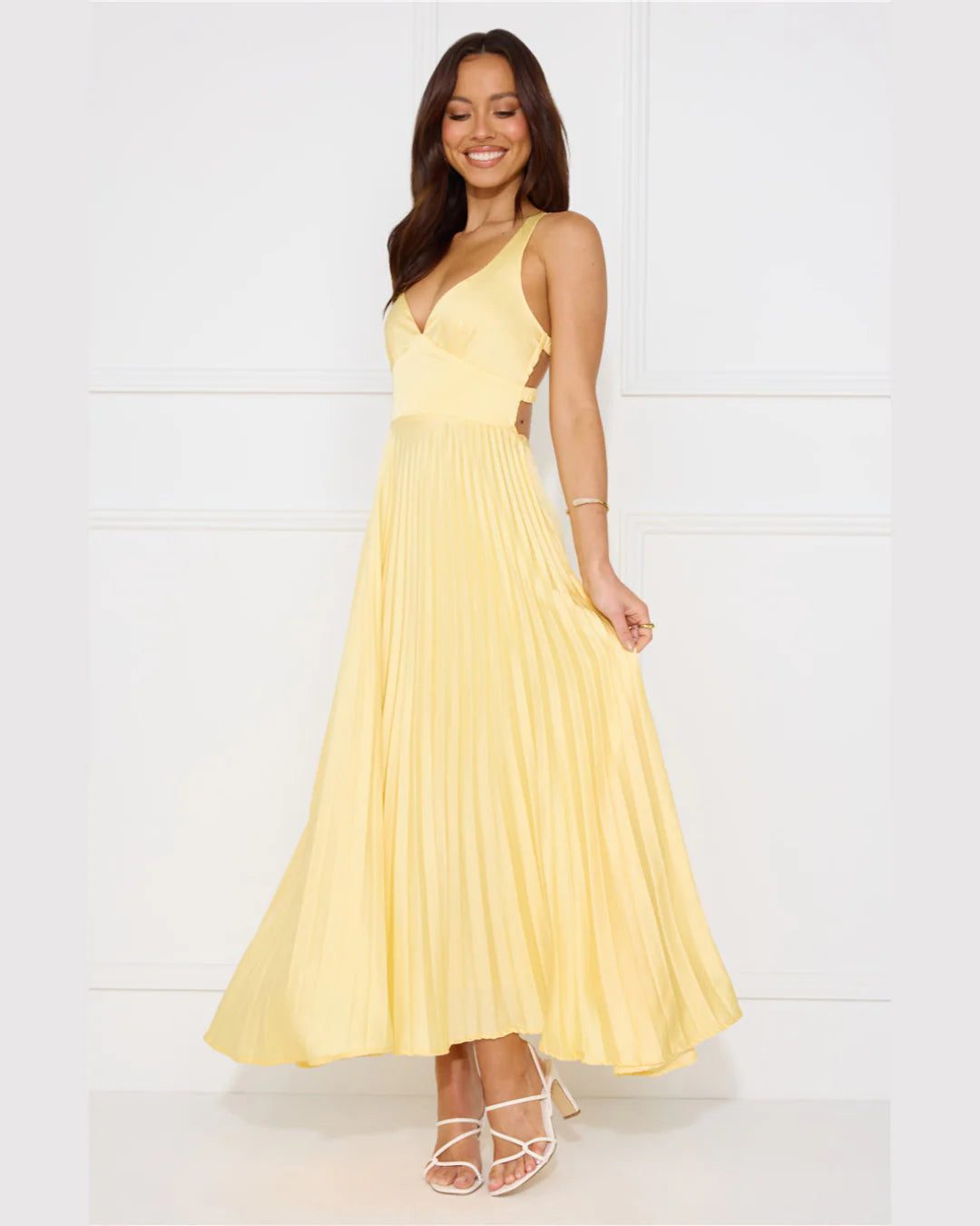 yellow pleated maxi dress Erica Maxi Denim Delight How to Plan a Fabric has no stretch Box:Mint Box
