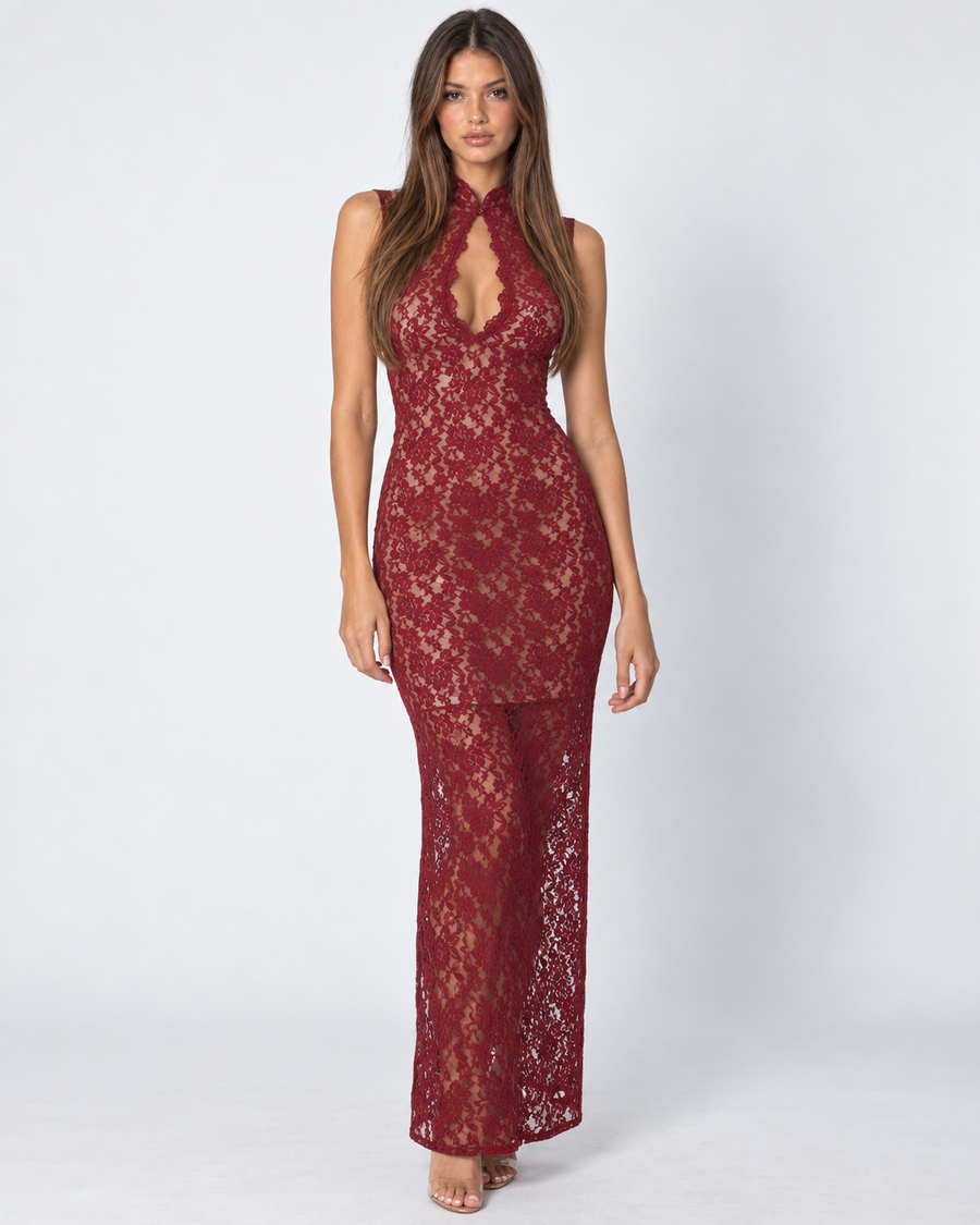 Finnie | Women's Floral Lace High Neck Keyhole Sleeveless Maxi Dress
