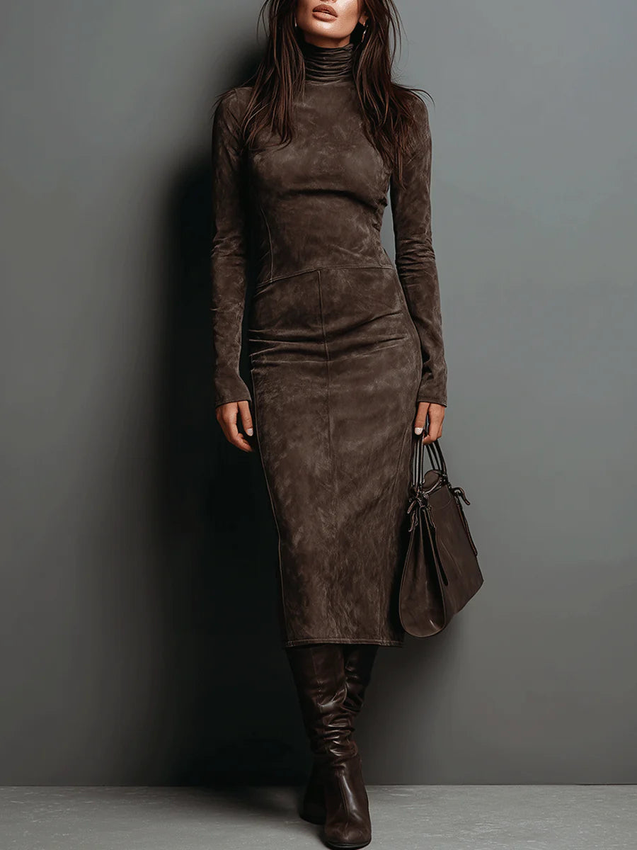 Frances | Women's Faux Suede Turtleneck Long Sleeve Seamed Midi Dress