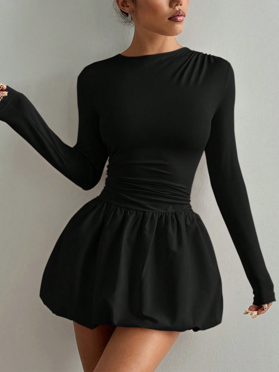 Guadalupe | Women's Boat Neck Long Sleeve Ruched Waist Bubble Hem Mini Dress