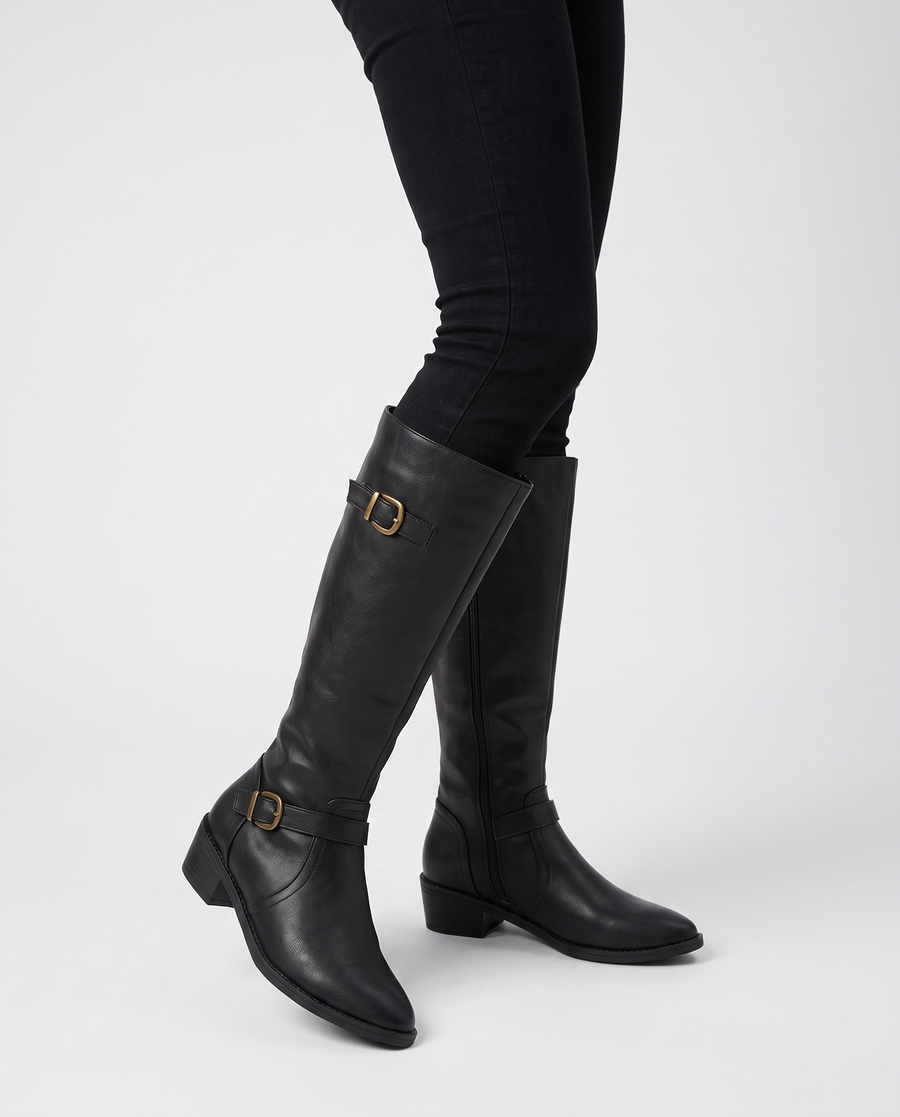Ilaria | Women's Pointed Toe Buckle Strap Low Block Heel Knee High Riding Boots