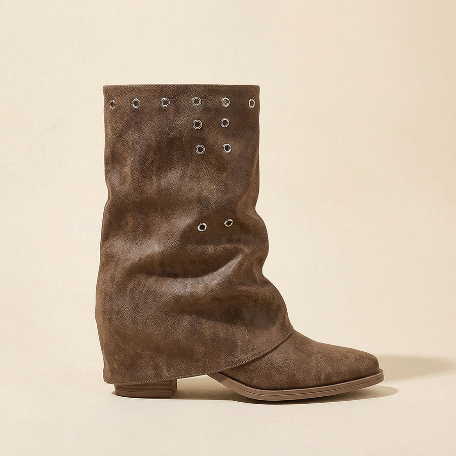 Joanie | Women's Square Toe Eyelet Detail Low Block Ankle Heel Boots