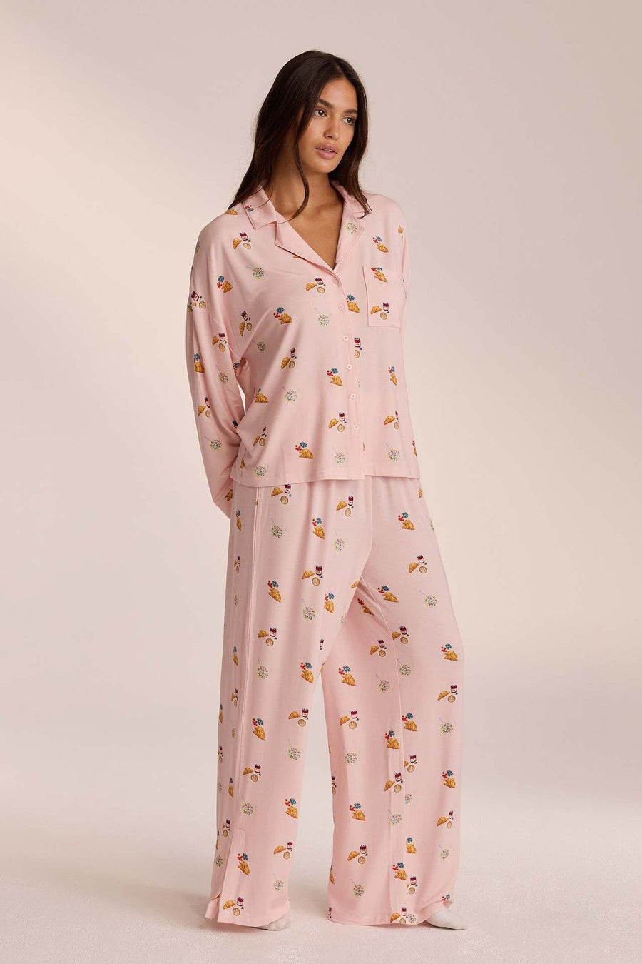 Kathryn | Women's Breakfast Print Notch Collar Long Sleeve Pajama Set with Pants