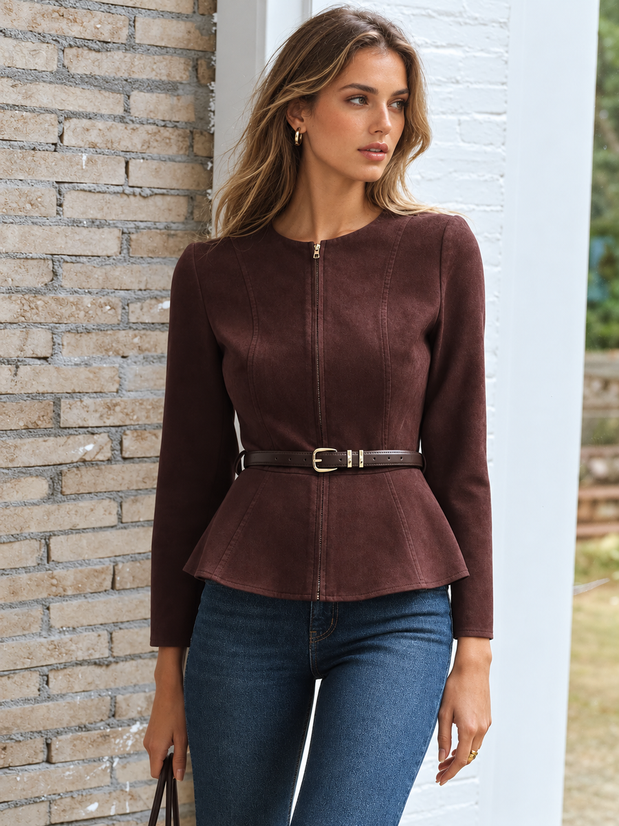Laramie | Women's Round Neck Zip Belted Suede Effect Jacket