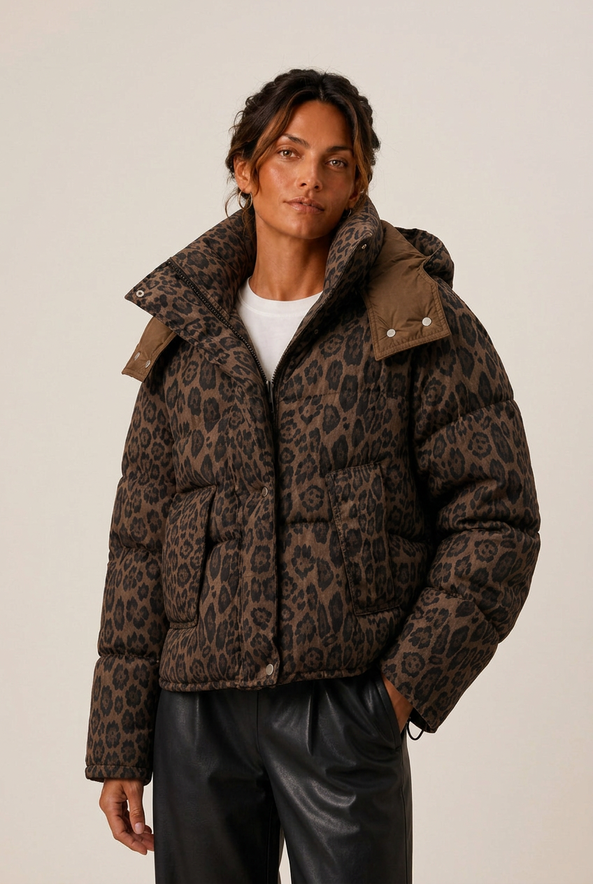 Leora | Women's Hooded Zip Front Long Sleeve Leopard Print Puffer Jacket