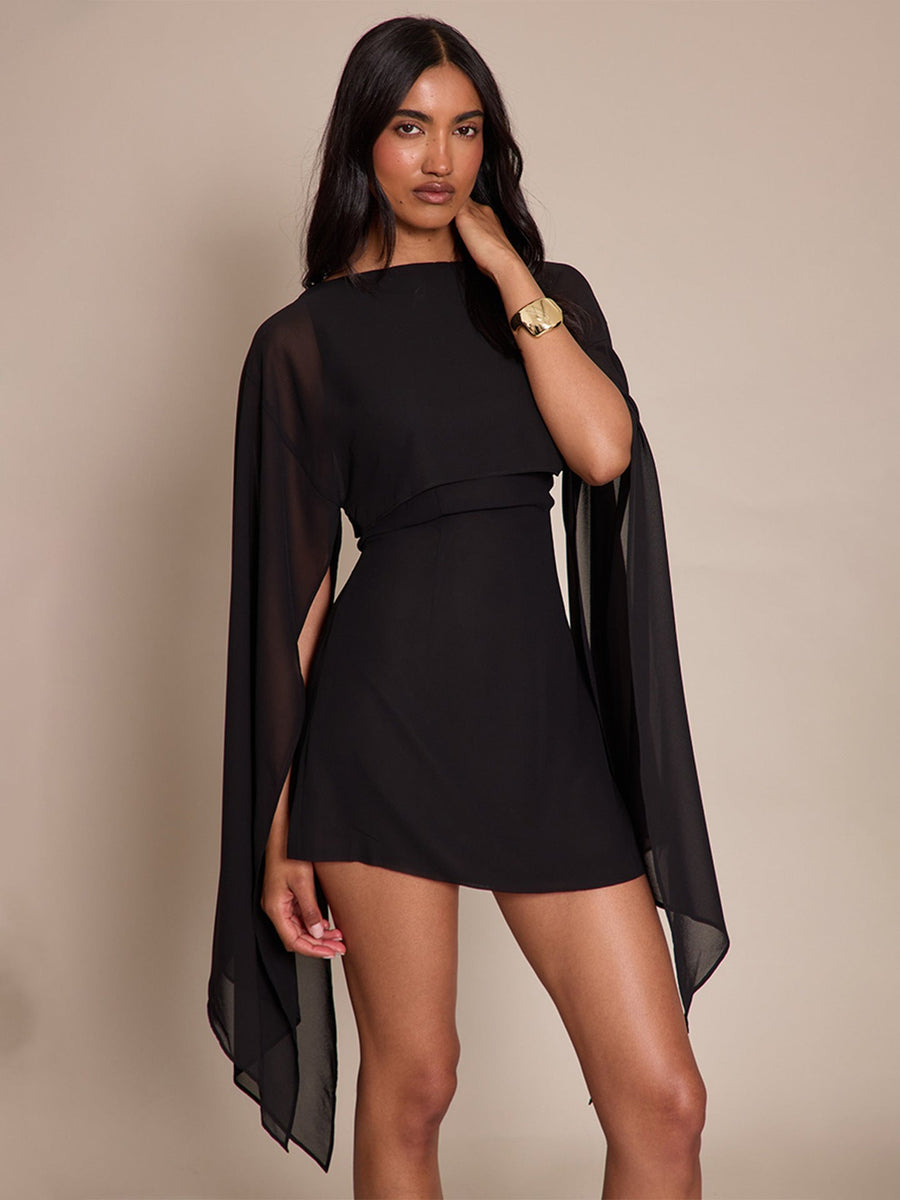 Linette | Women's Boat Neck Sheer Cape Sleeve Draped Overlay Mini Dress