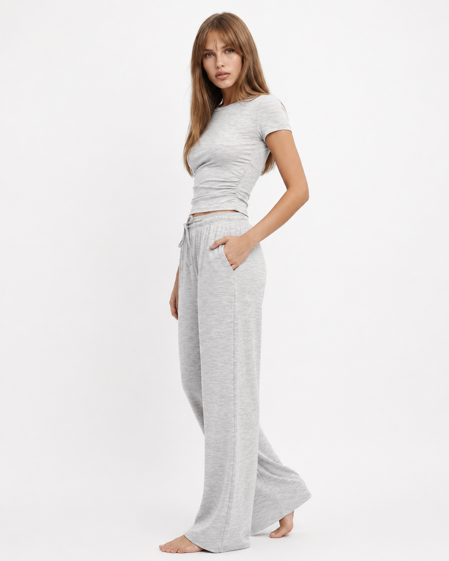 Lynda | Women's Crew Neck Short Sleeve Pajama Set with Drawstring Wide Leg Pants