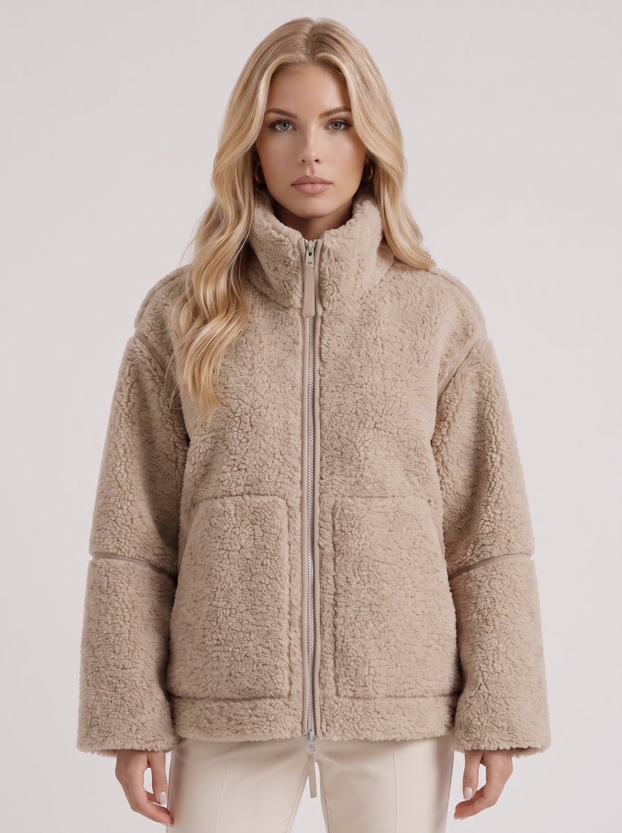 Natasha | Women's High Collar Zip Front Long Sleeve Patch Pockets Teddy Jacket