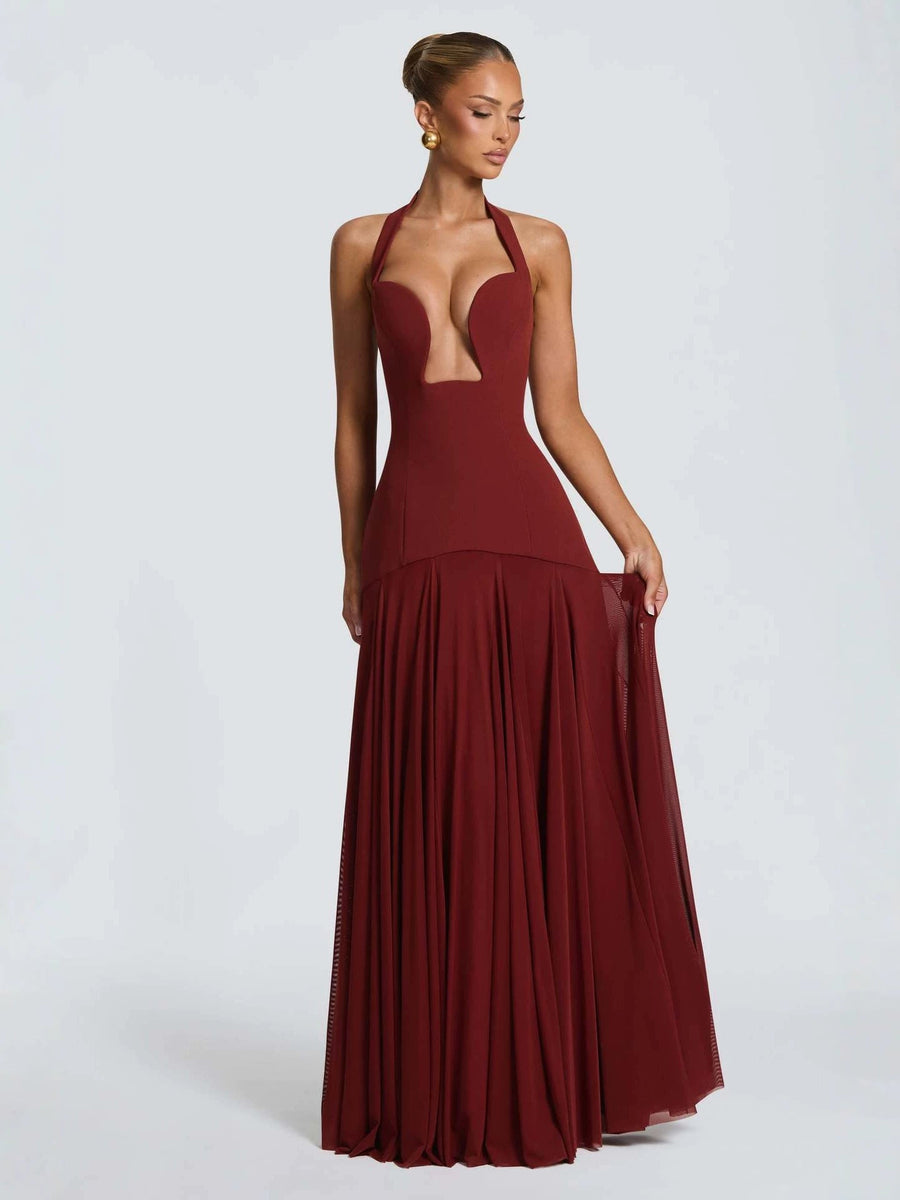 Naya | Women's Halter Plunge Neck Lace Up Back Pleated Skirt Maxi Dress