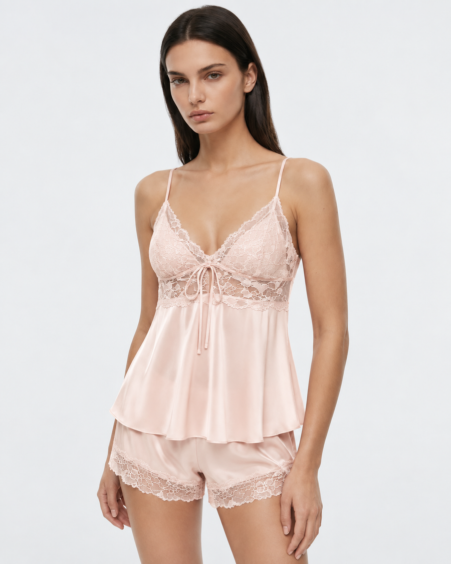 Nicola | Women's Floral Lace V Neck Cami Pajama Set with Bow and Shorts
