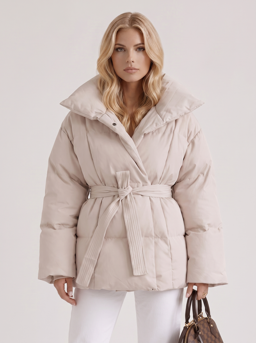 Perla | Women's Oversized Collar Tie Belt Long Sleeve Puffer Jacket