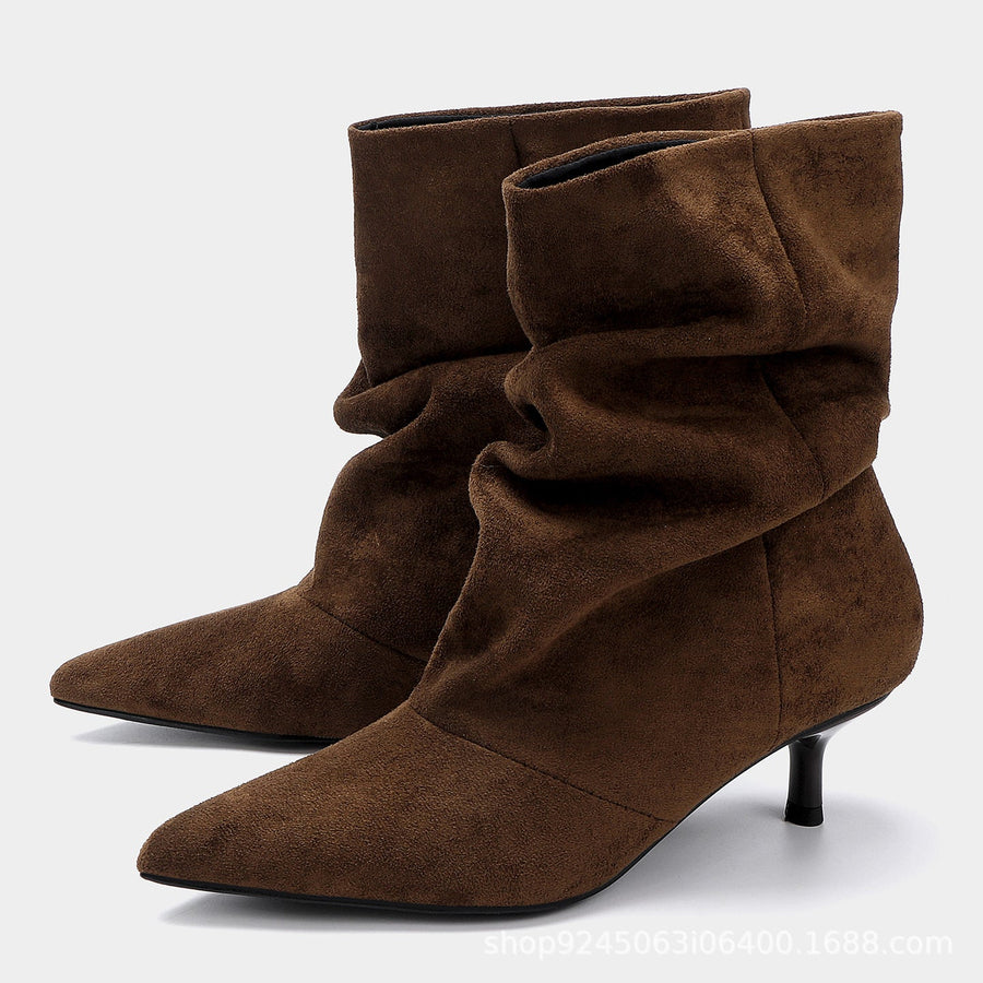 Rachael | Women's Faux Suede Pointed Toe Ruched Kitten Heel Ankle Boots