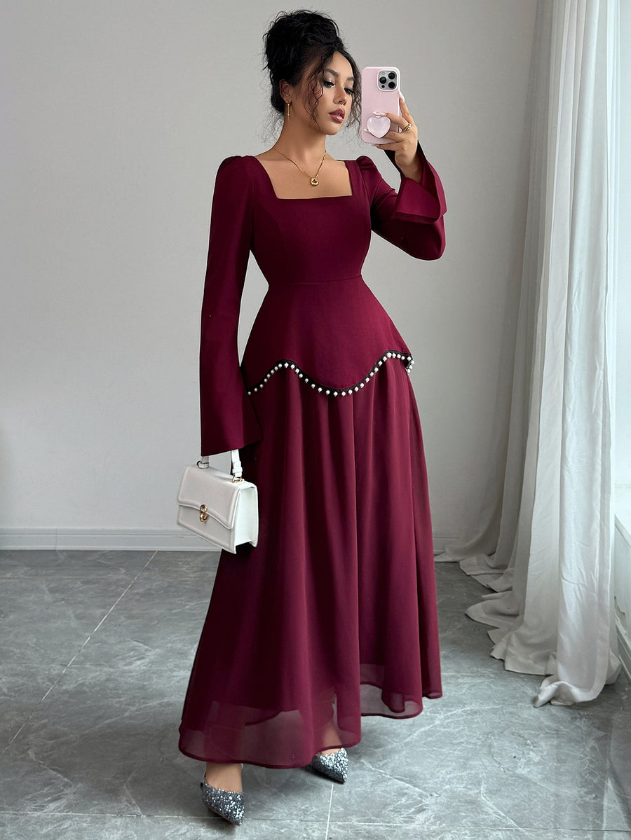 Rylie | Women's Square Neck Long Bell Sleeve Pearl Trim Maxi Dress