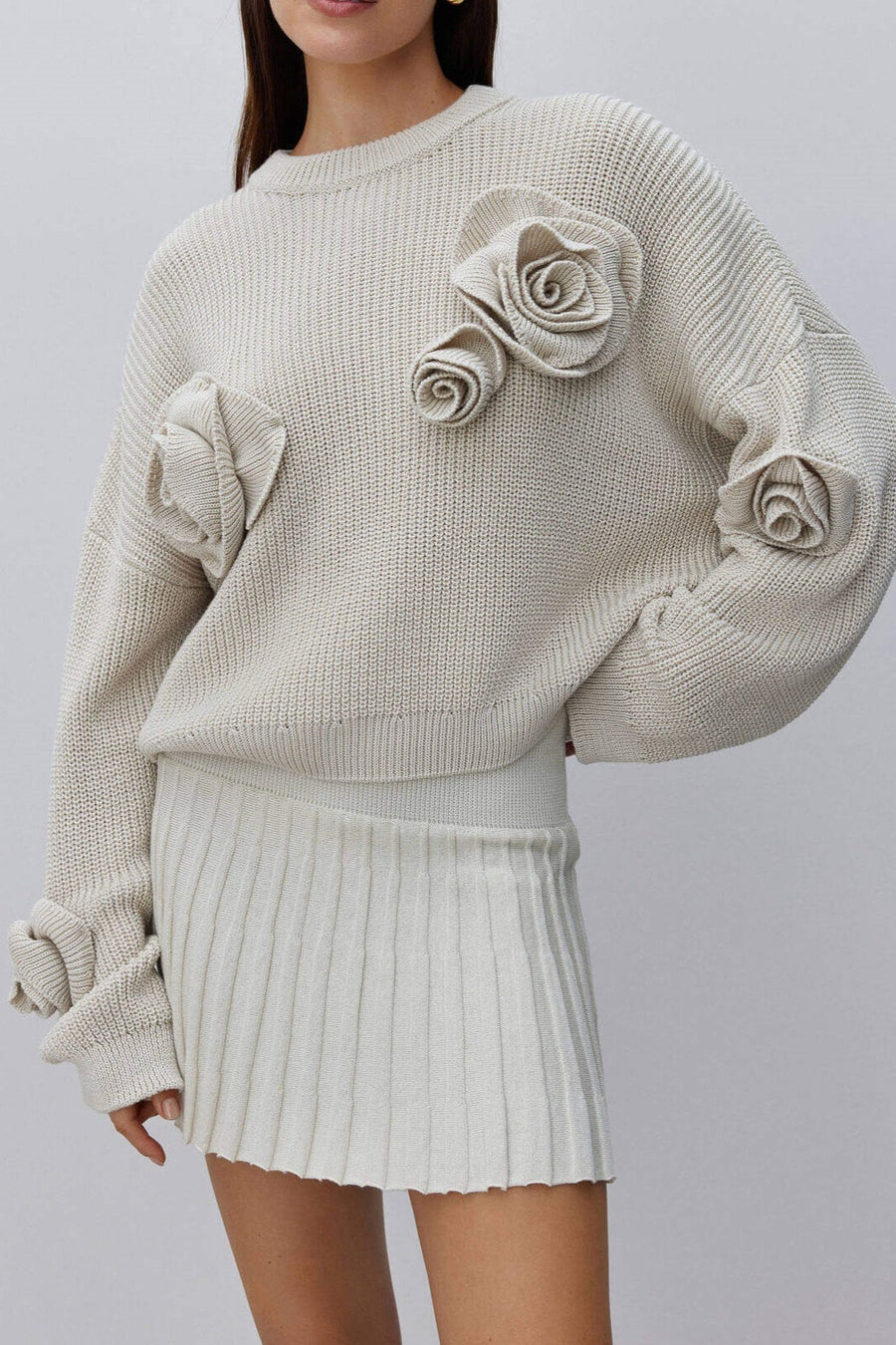 Sybil | Women's Crew Neck Long Sleeve 3D Flower Rose Knit Sweater