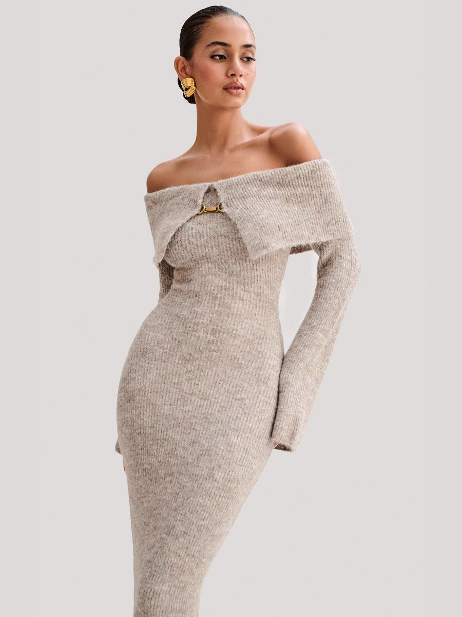 Thora | Women's Ribbed Knit Off Shoulder Foldover Neck Maxi Dress with Front Clasp
