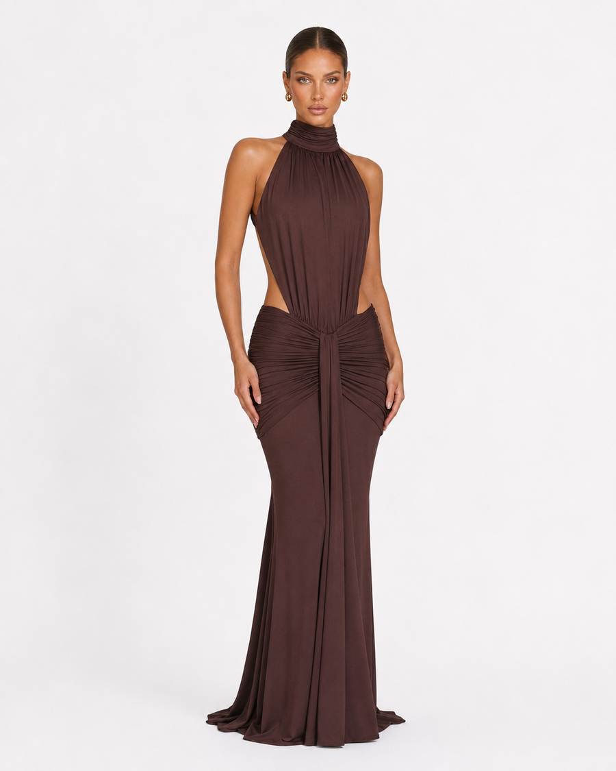 Ursula | Women's Ruched Halter Neck Maxi Dress with Side Cutouts