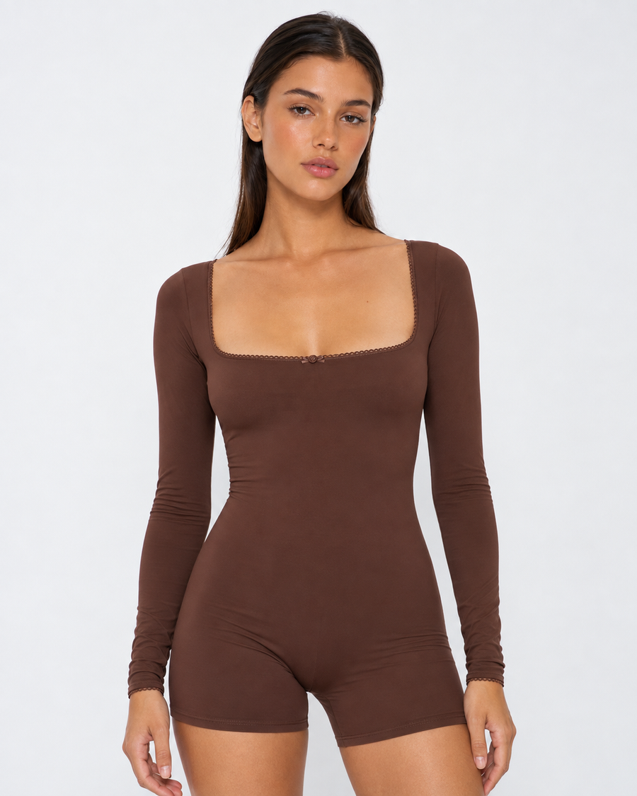 Vienna | Women's Square Neck Long Sleeve Lace Trim Romper with Bow
