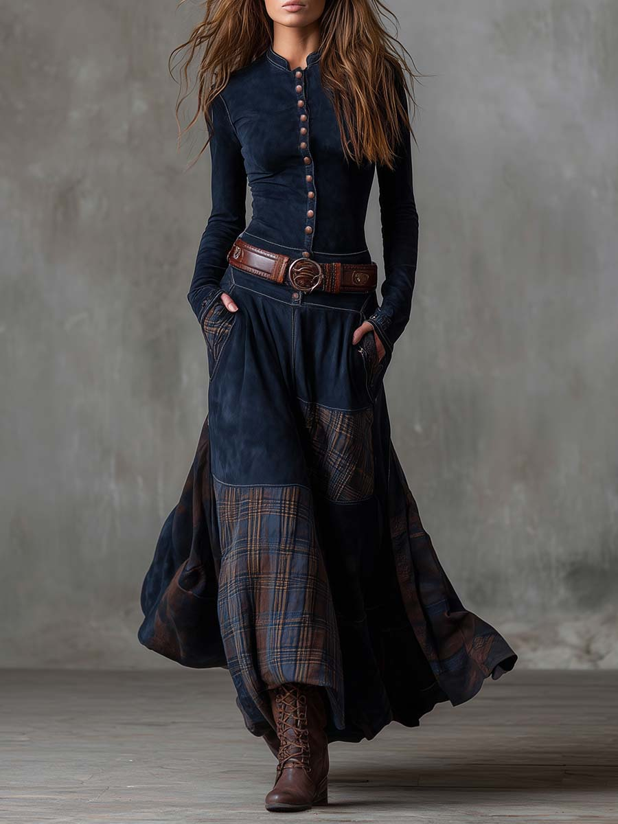 Yvonne | Women's V Neck Long Sleeve Button Front Belted Pocket Midi Dress