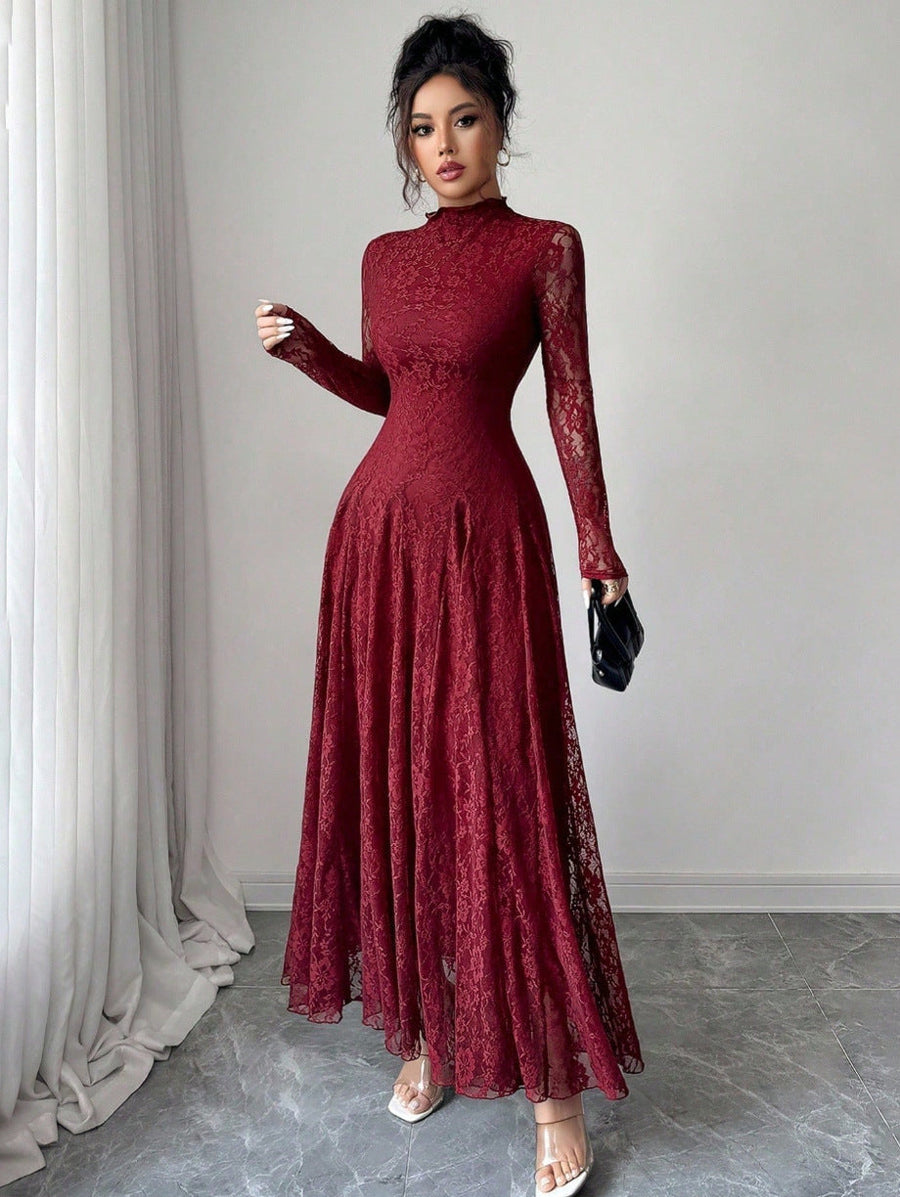 Zuleika | Women's Mock Neck Sheer Long Sleeve Flared Hem Floral Lace Maxi Dress