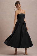 Mikayla | Women's Foldover Neck Strapless Pleated Midi Evening Party Dress