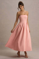 Mikayla | Women's Foldover Neck Strapless Pleated Midi Evening Party Dress