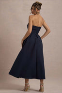 Mikayla | Women's Foldover Neck Strapless Pleated Midi Evening Party Dress