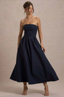 Mikayla | Women's Foldover Neck Strapless Pleated Midi Evening Party Dress