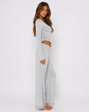 Abria | Women's V Neck Lace Trim Long Sleeve Pajama Set with Wide Leg Pants
