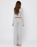 Abria | Women's V Neck Lace Trim Long Sleeve Pajama Set with Wide Leg Pants