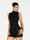Adalyn | Women's Mock Neck Sleeveless Allover Studs Rhinestone Mini Dress