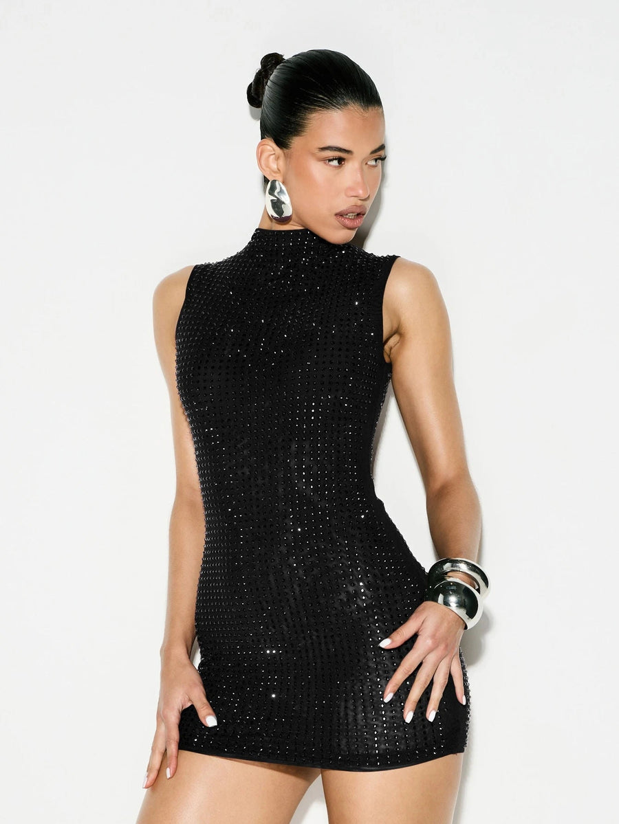 Adalyn | Women's Mock Neck Sleeveless Allover Studs Rhinestone Mini Dress