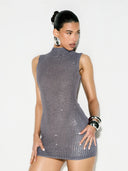 Adalyn | Women's Mock Neck Sleeveless Allover Studs Rhinestone Mini Dress