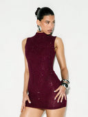 Adalyn | Women's Mock Neck Sleeveless Allover Studs Rhinestone Mini Dress