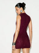 Adalyn | Women's Mock Neck Sleeveless Allover Studs Rhinestone Mini Dress