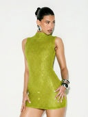 Adalyn | Women's Mock Neck Sleeveless Allover Studs Rhinestone Mini Dress