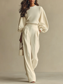 Ainslie | Women's Crew Neck Balloon Sleeve Pleated Wide Leg Two Piece Set
