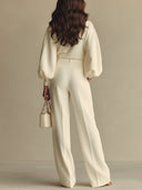 Ainslie | Women's Crew Neck Balloon Sleeve Pleated Wide Leg Two Piece Set