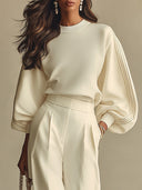 Ainslie | Women's Crew Neck Balloon Sleeve Pleated Wide Leg Two Piece Set