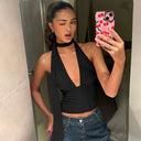 Aislinn | Women's Plunge Neck Scarf Tie Open Back Ruched Front Halter Crop Top