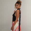 Aislinn | Women's Plunge Neck Scarf Tie Open Back Ruched Front Halter Crop Top